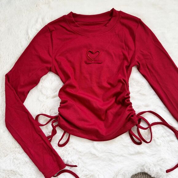 Dazy Red long sleeve top with heart cutout and ruching - Picture 2 of 3